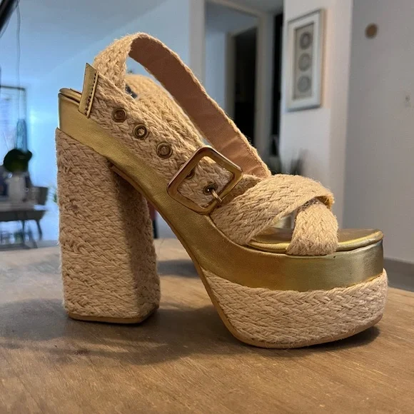 Rafia High Platform Sandals, Ankle, Sz 6.5 - Picture 2 of 8